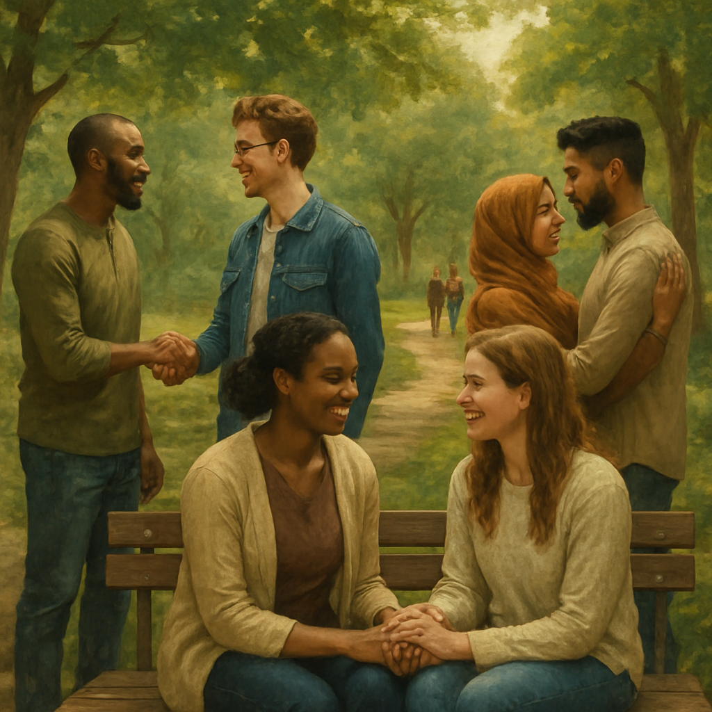 A serene park setting with people meeting and connecting